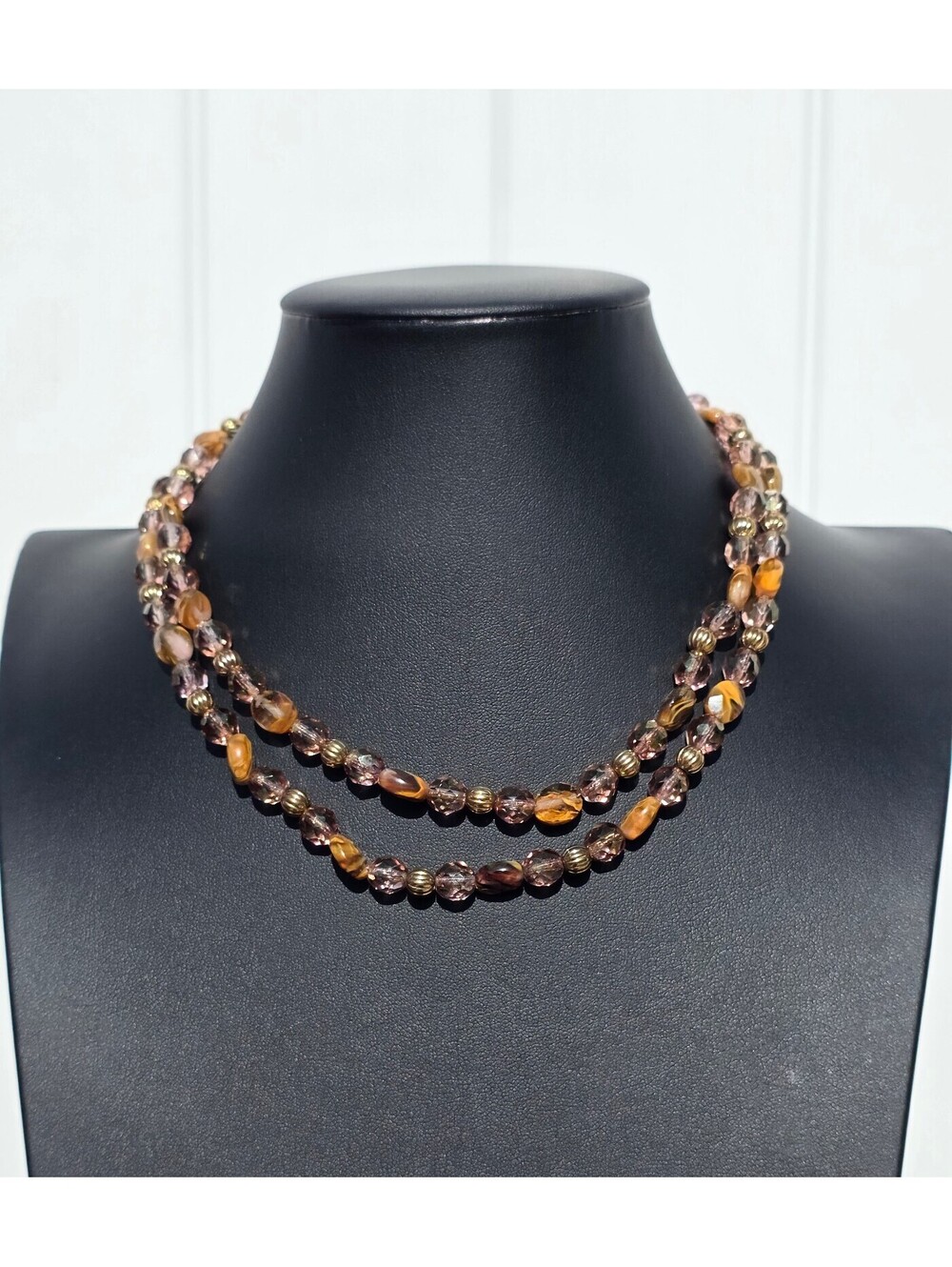 VTG Czech Glass Pink Fire Polished & Amber / Topaz Swirled Beads Necklace, Opera